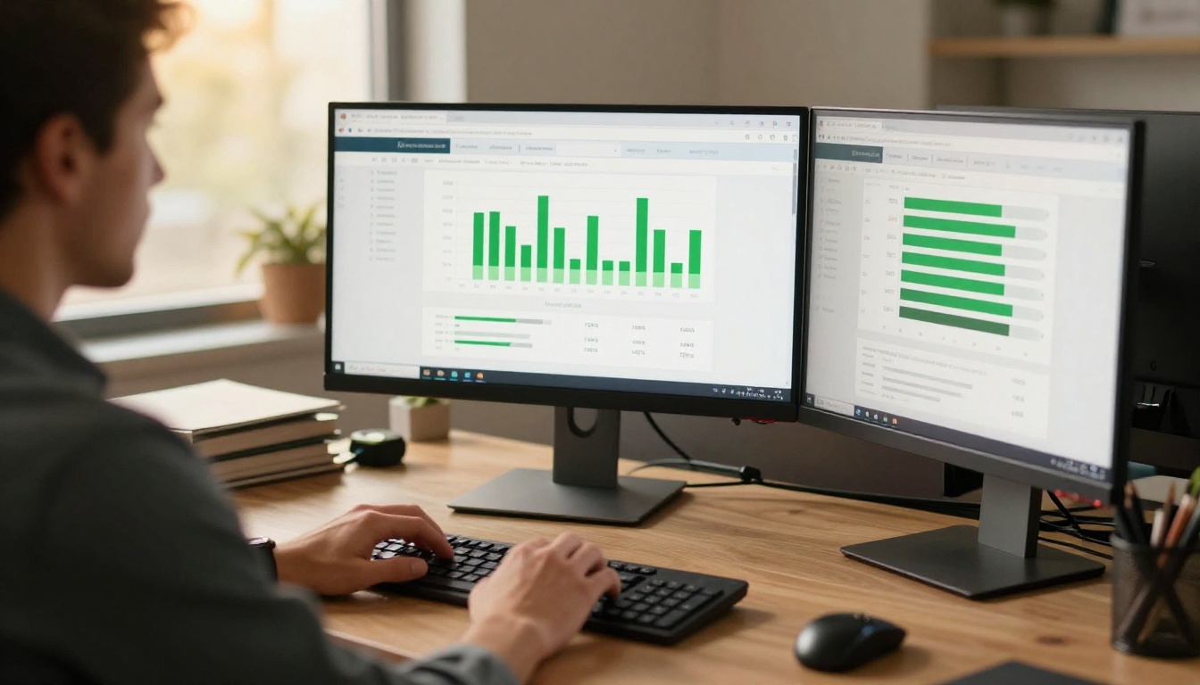 Dual monitor setup showing website performance analytics with green 100% load bars