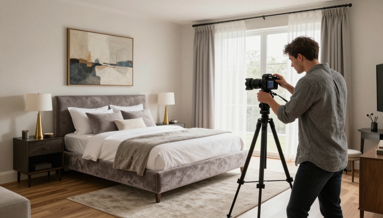 Professional photographer setting up a camera in a luxury staged master bedroom Professional photographer setting up a camera in a luxury staged master bedroom