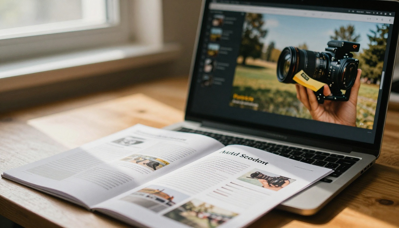 Printed brochure next to laptop screen showing a digital flip brochure with page-curl effect