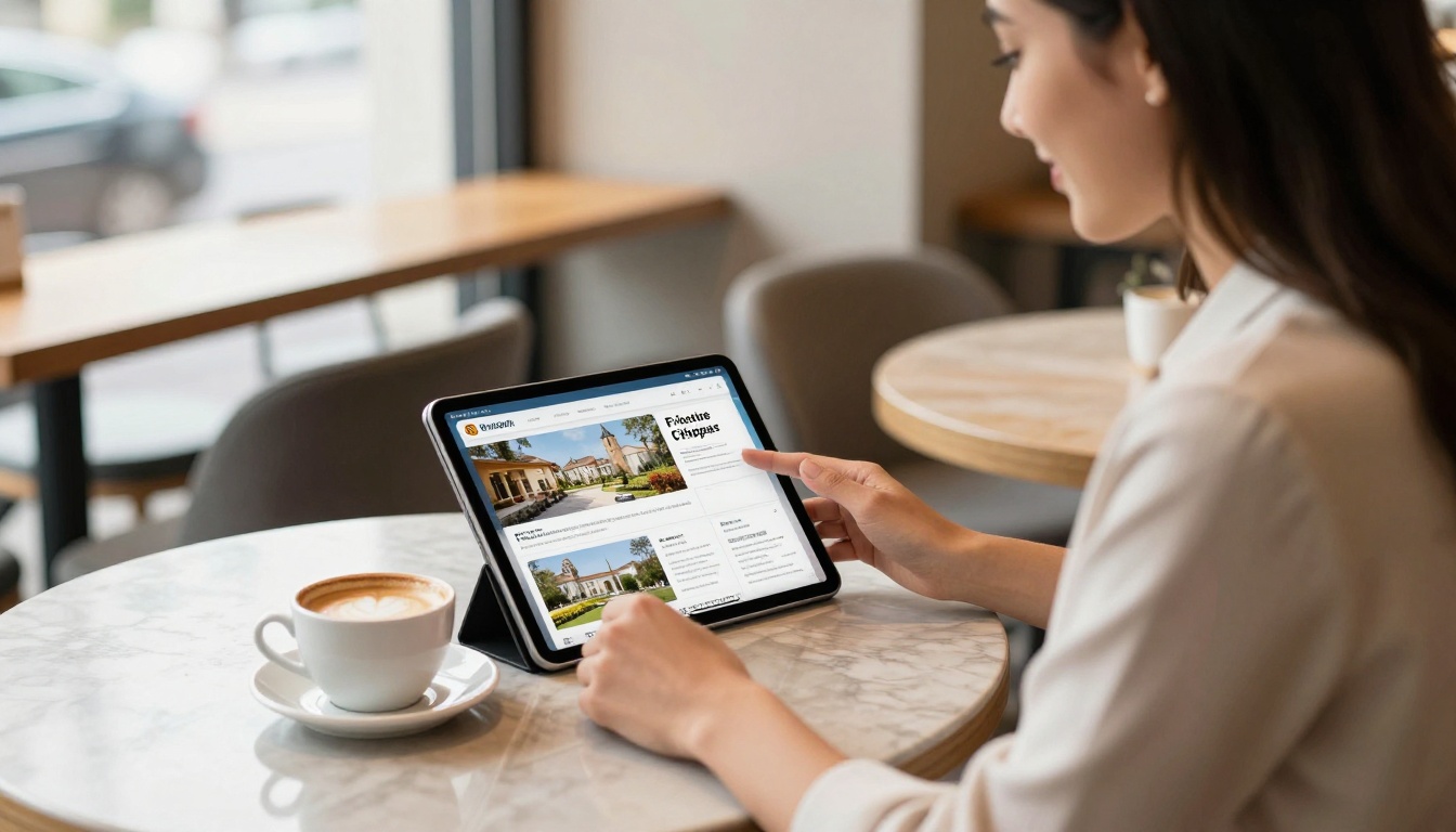 Professional woman using tablet to view a fast-loading real estate flip brochure in a sunlit cafe