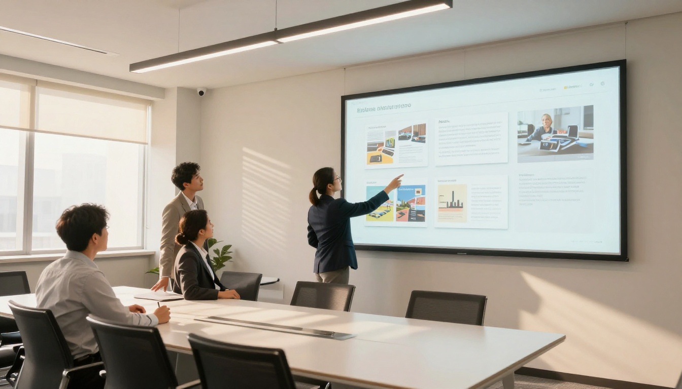 Business professionals reviewing flip brochure on large conference room screen