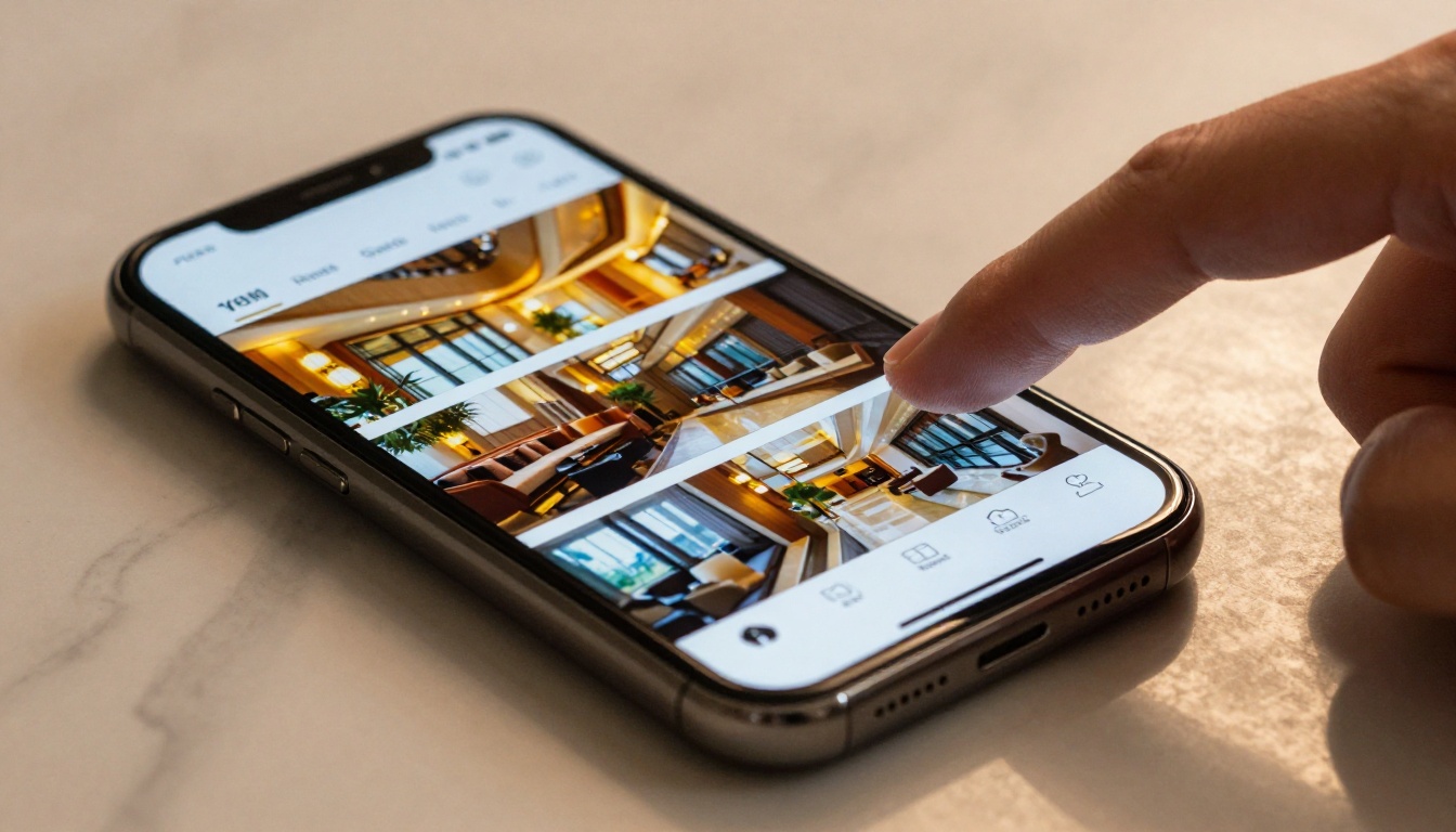 Smartphone screen showing a mobile-optimized flip brochure mid-swipe on marble surface