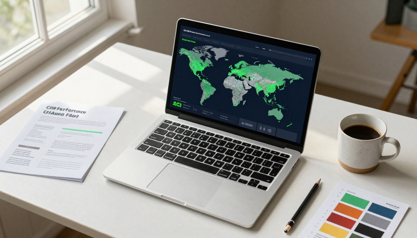 CDN performance dashboard aerial view showing global delivery nodes in green