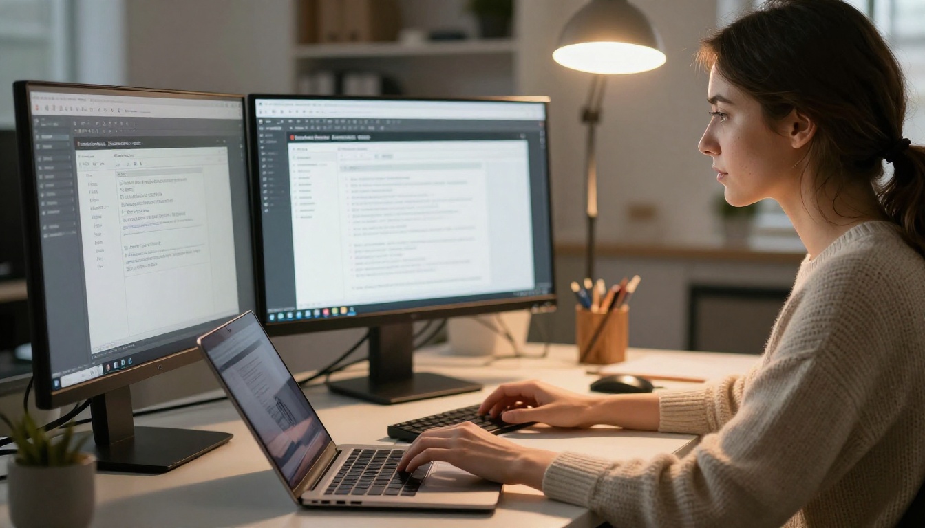 Female designer optimizing PDF on dual monitors before uploading to flipbook platform
