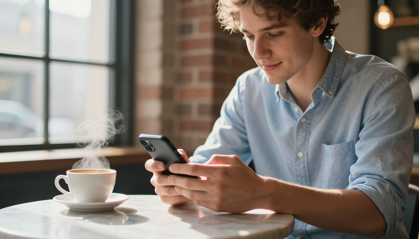 Person viewing a digital flipbook on a smartphone at a coffee shop