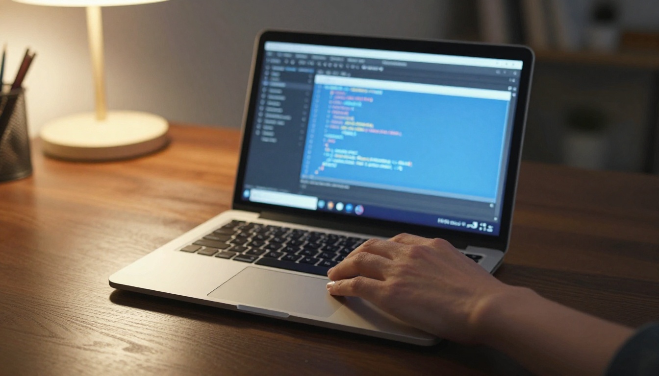Close-up of embed code on a laptop screen with hands on keyboard