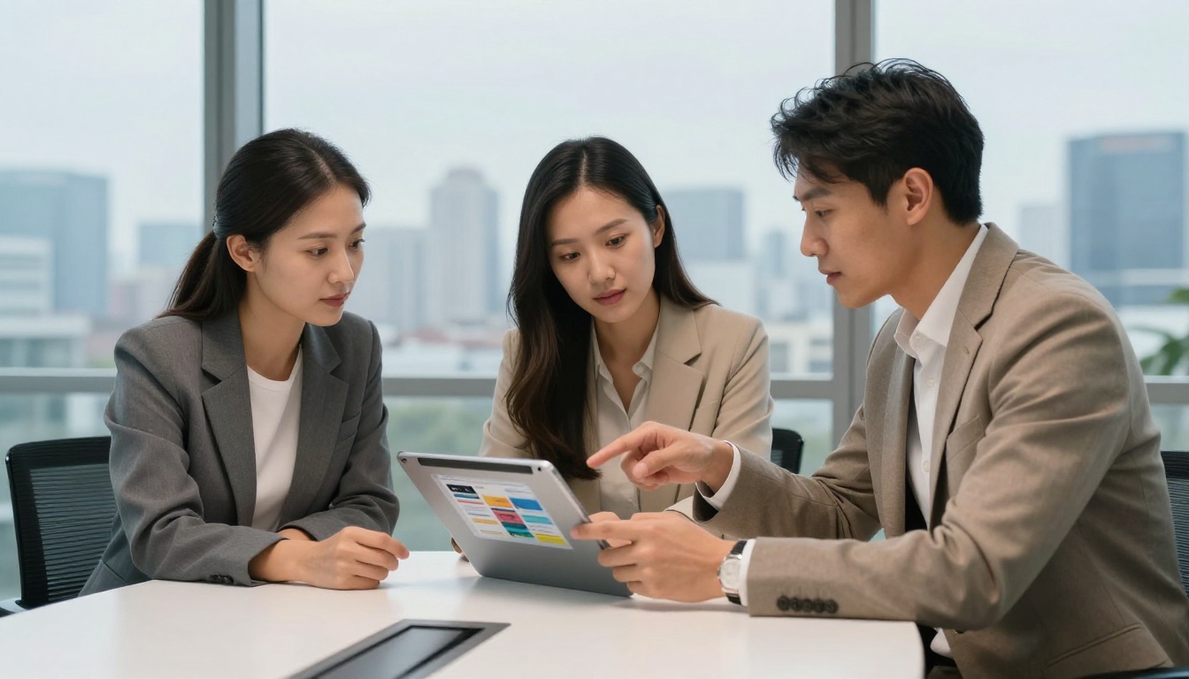 Business professionals reviewing a digital brochure on a tablet in a conference room
