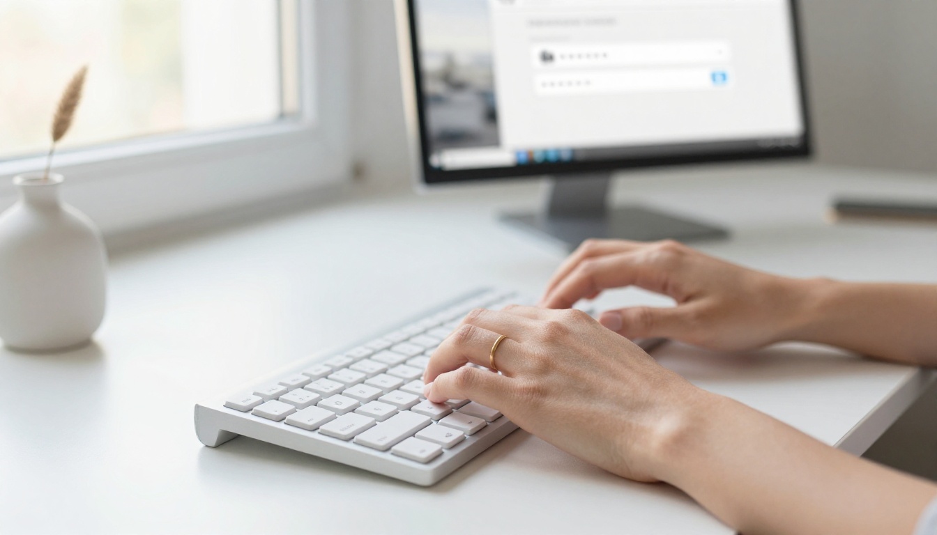 Woman setting up password protection on a laptop with a white keyboard