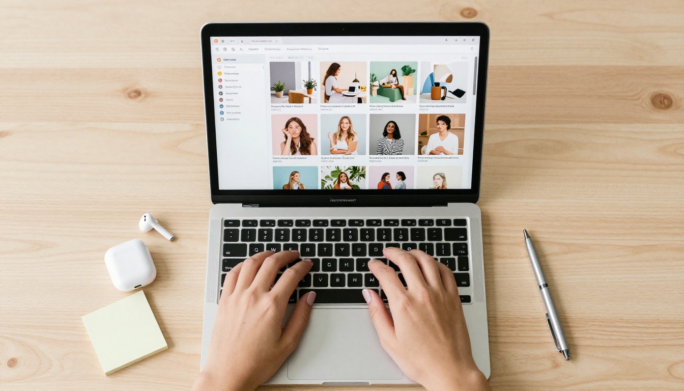 Overhead shot of woman's hands on MacBook with social media dashboard on screen