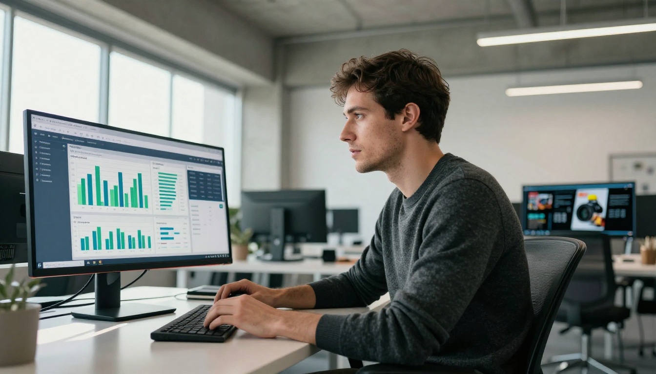 Man reviewing analytics data on a widescreen monitor in a modern open office