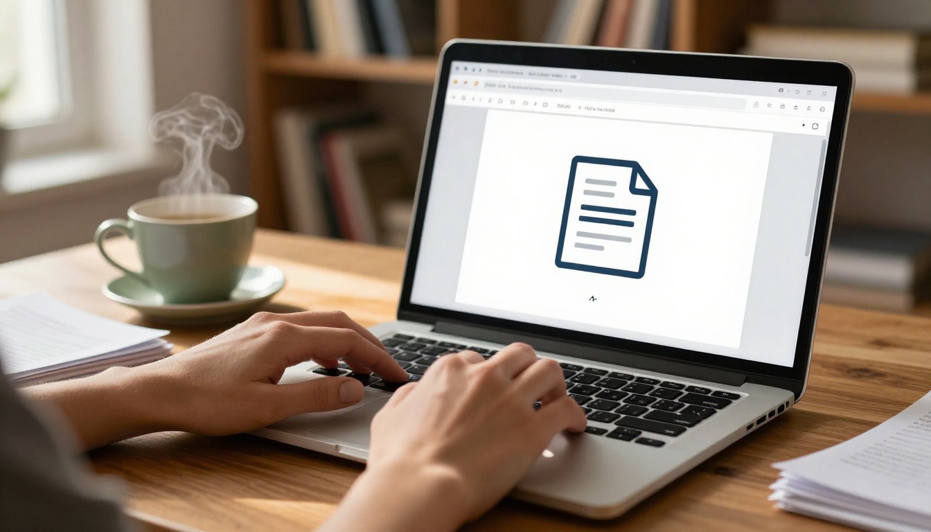 Person dragging a PDF file to upload on a laptop in a warmly lit home office