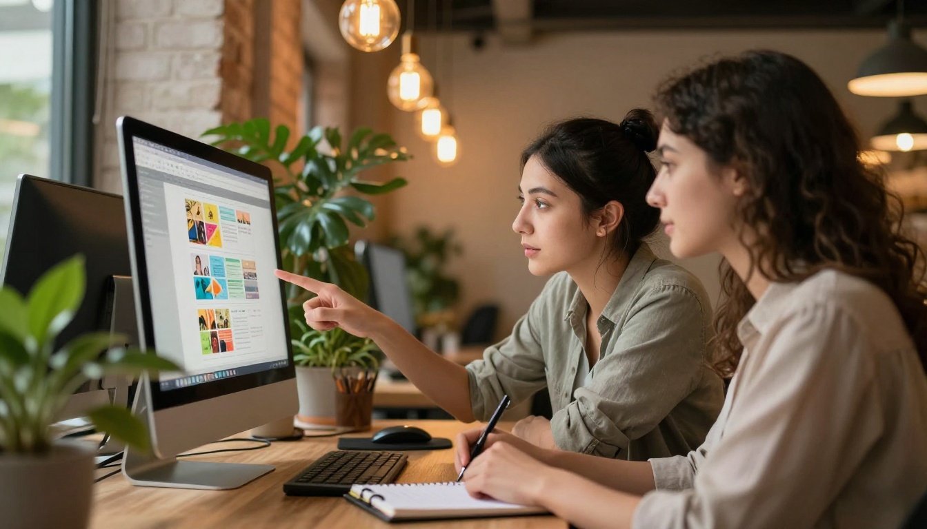 Two colleagues reviewing a digital publication together at a co-working space