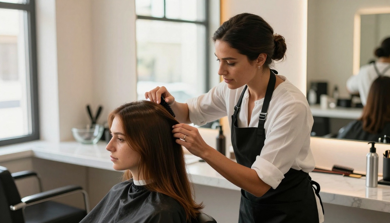 A professional hairstylist with dark hair and a low bun combing through a client's glossy chestnut hair in a sunlit luxury salon, warm golden reflections multiplied in wall mirrors