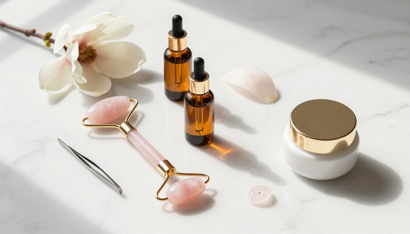 Elegant aerial flat-lay of luxury beauty products on white marble: amber glass dropper bottles, a rose quartz facial roller, white ceramic cream jars with gold lids, and a magnolia flower