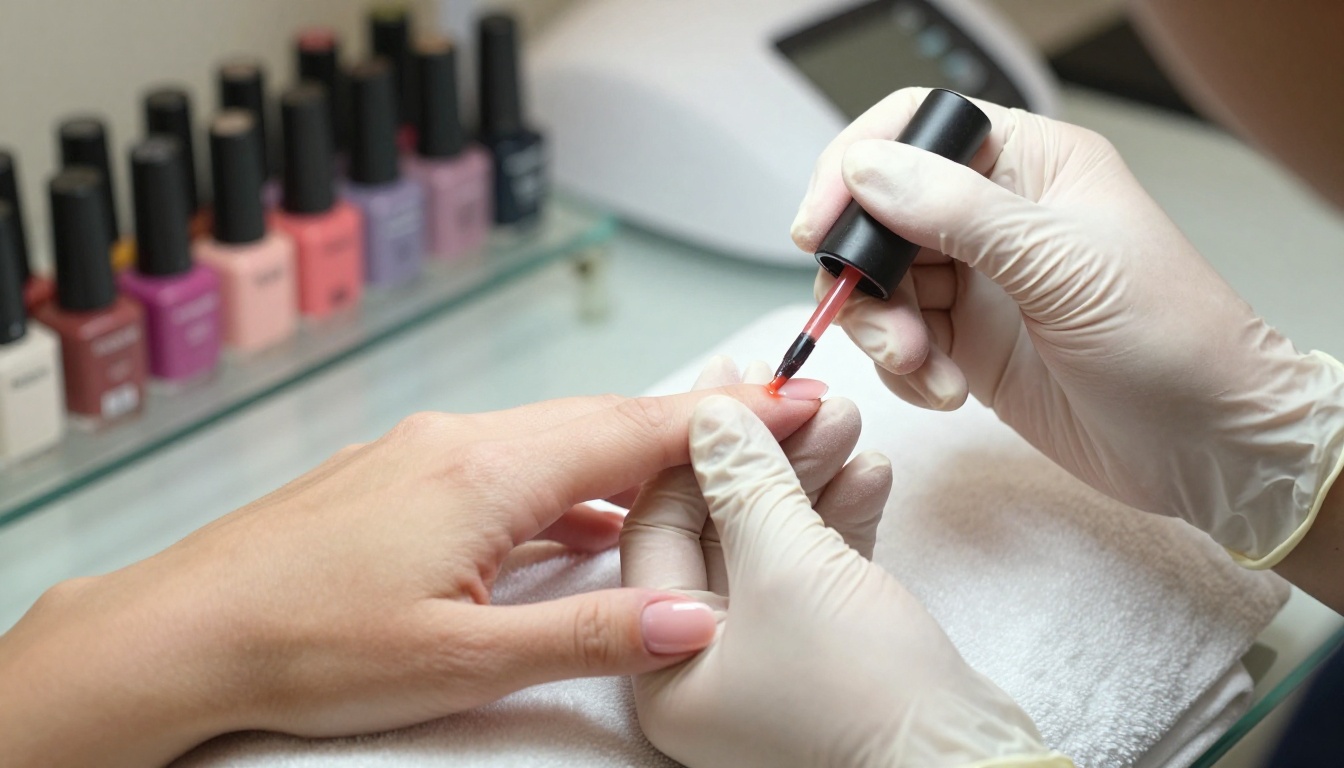 A close-up shot of a nail technician applying soft coral gel polish to a client's ring fingernail with a fine detail brush, the hand resting on a white velvet cushion, UV lamp and nail polish bottles in the background