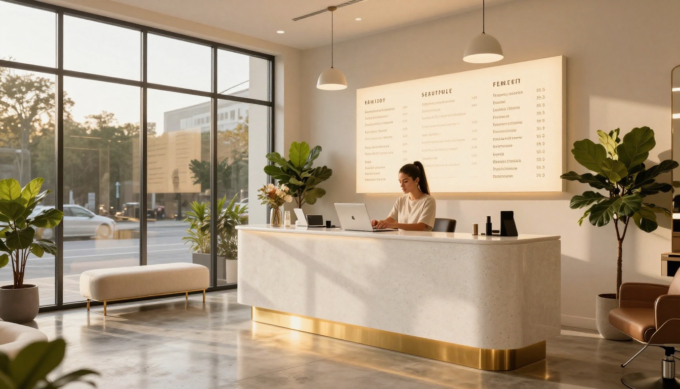 A wide-angle interior shot of a modern beauty salon reception area with a white quartz desk, illuminated service pricing panel on the wall, fiddle-leaf fig plants in the corners, and warm golden afternoon light