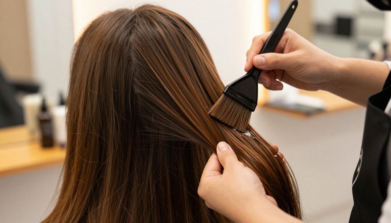 A professional colorist applying rich caramel balayage dye to a section of a client's long dark brown hair using a wide flat brush, warm rim lighting from the upper right illuminating individual hair strands in hyper-realistic detail