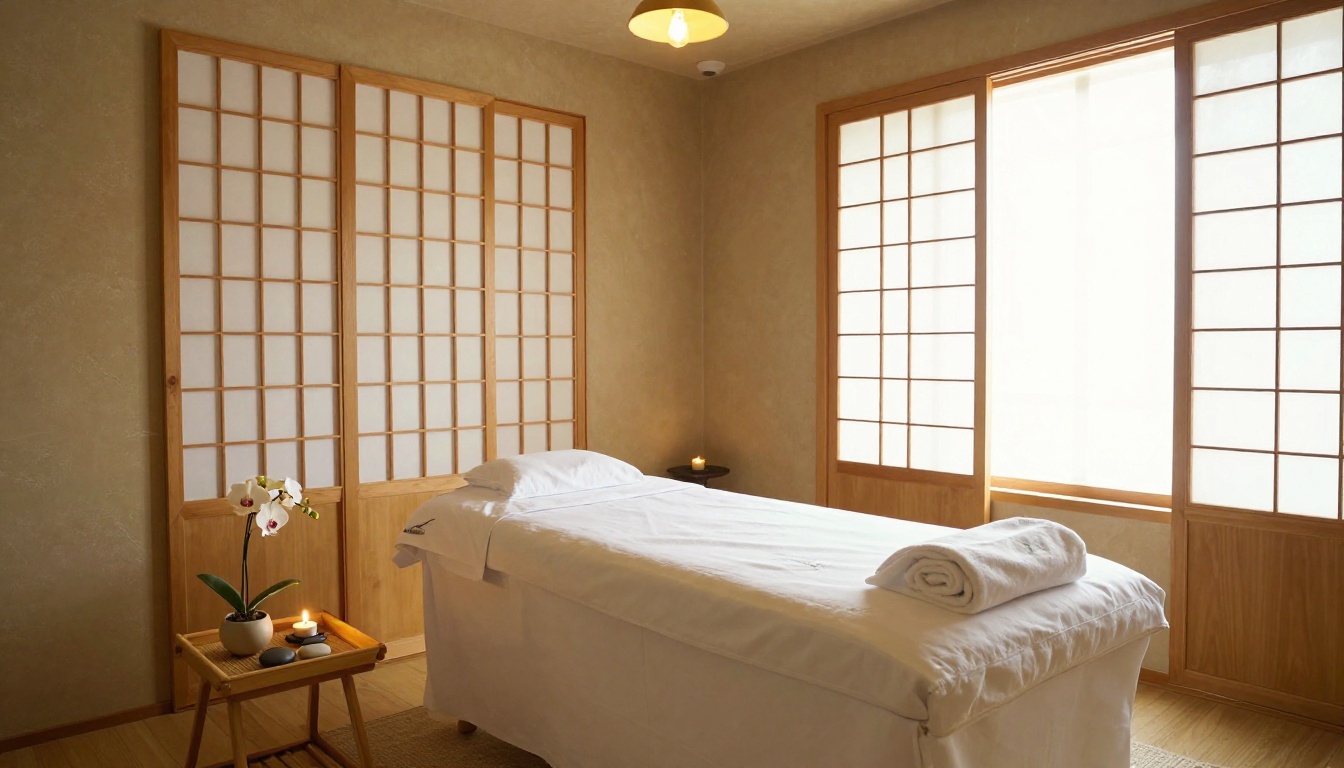 A serene spa treatment room with a white linen-dressed treatment bed, an orchid in a bud vase, a lit tealight candle, and three river stones on a bamboo tray, soft natural light from rice-paper shoji screens