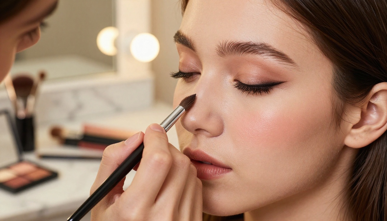 A professional makeup artist applying a precise cat-eye liner to a young female client's closed eyelid with a fine angled brush, warm vanity bulbs creating a halo of golden light, marble surface with scattered brushes in the foreground