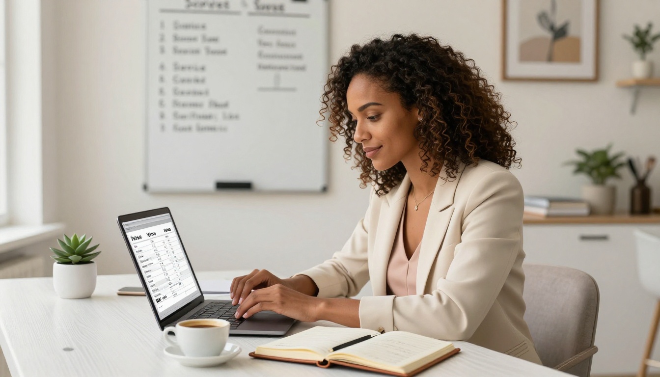 A confident female beauty salon owner with warm brown skin and natural curly hair sits at a white oak desk reviewing a digital price list flipbook on her laptop, warm morning light from a window to her left, leather notebook and coffee cup beside her