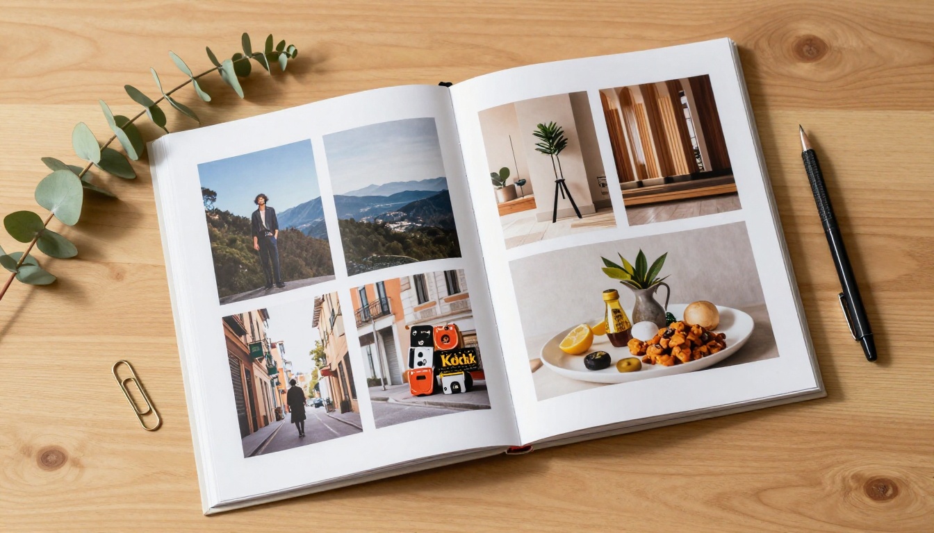 Portfolio photography prints spread flat lay overhead on a maple desk showing a curated selection of work