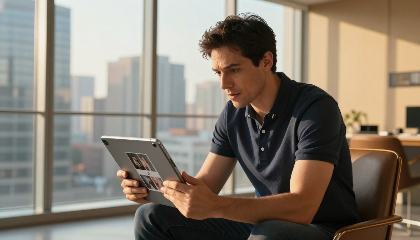 Creative director reviewing digital portfolio flipbook on an iPad in a modern office at golden hour