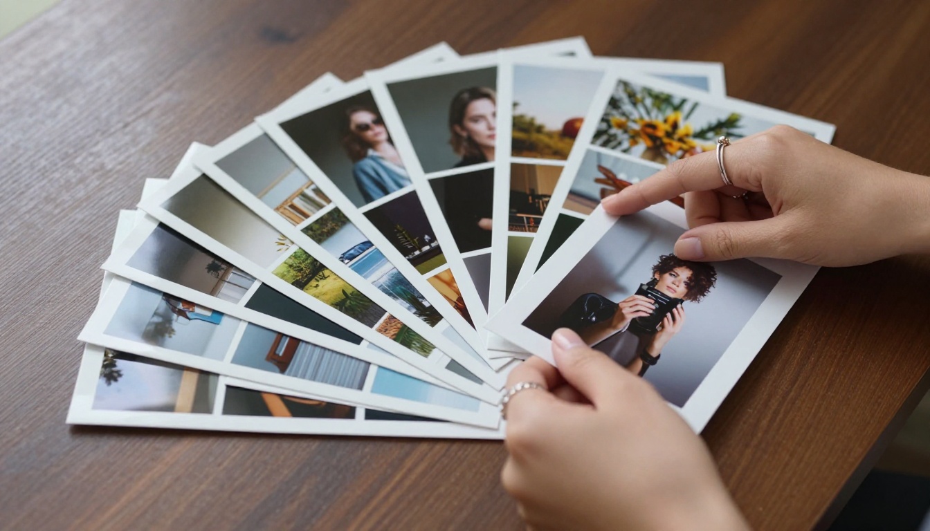 Close-up of photography portfolio prints arranged on a walnut table with hands carefully placing a new print into the collection