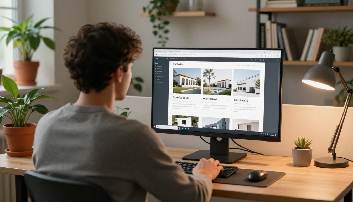Man at a standing desk reviewing a flipbook portfolio on a large monitor in a warm home office at evening