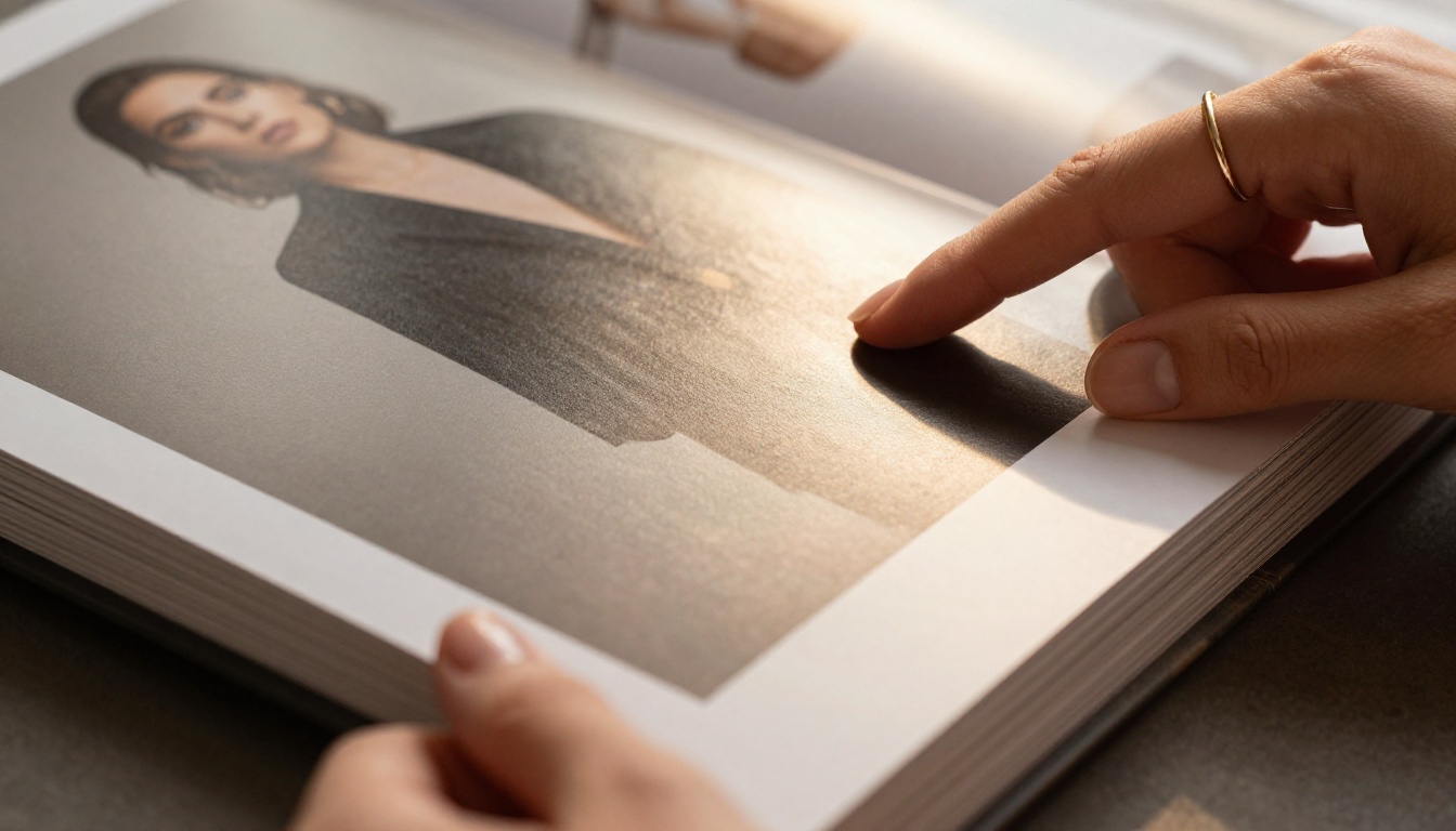 Extreme close-up of elegant hands turning a glossy page in a premium portfolio book mid-turn catching warm studio light