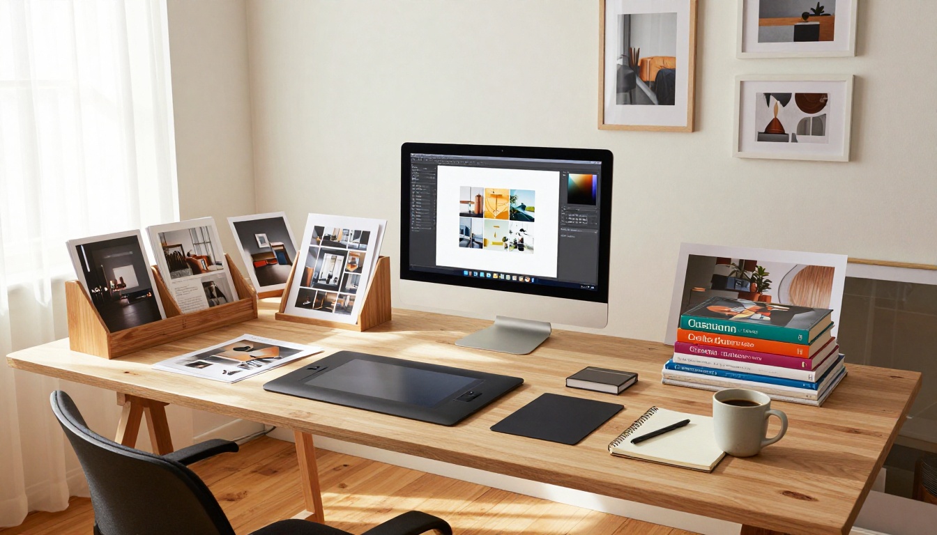 Wide-angle shot of a full creative designer workspace with iMac showing a flipbook portfolio and printed portfolio samples in a holder