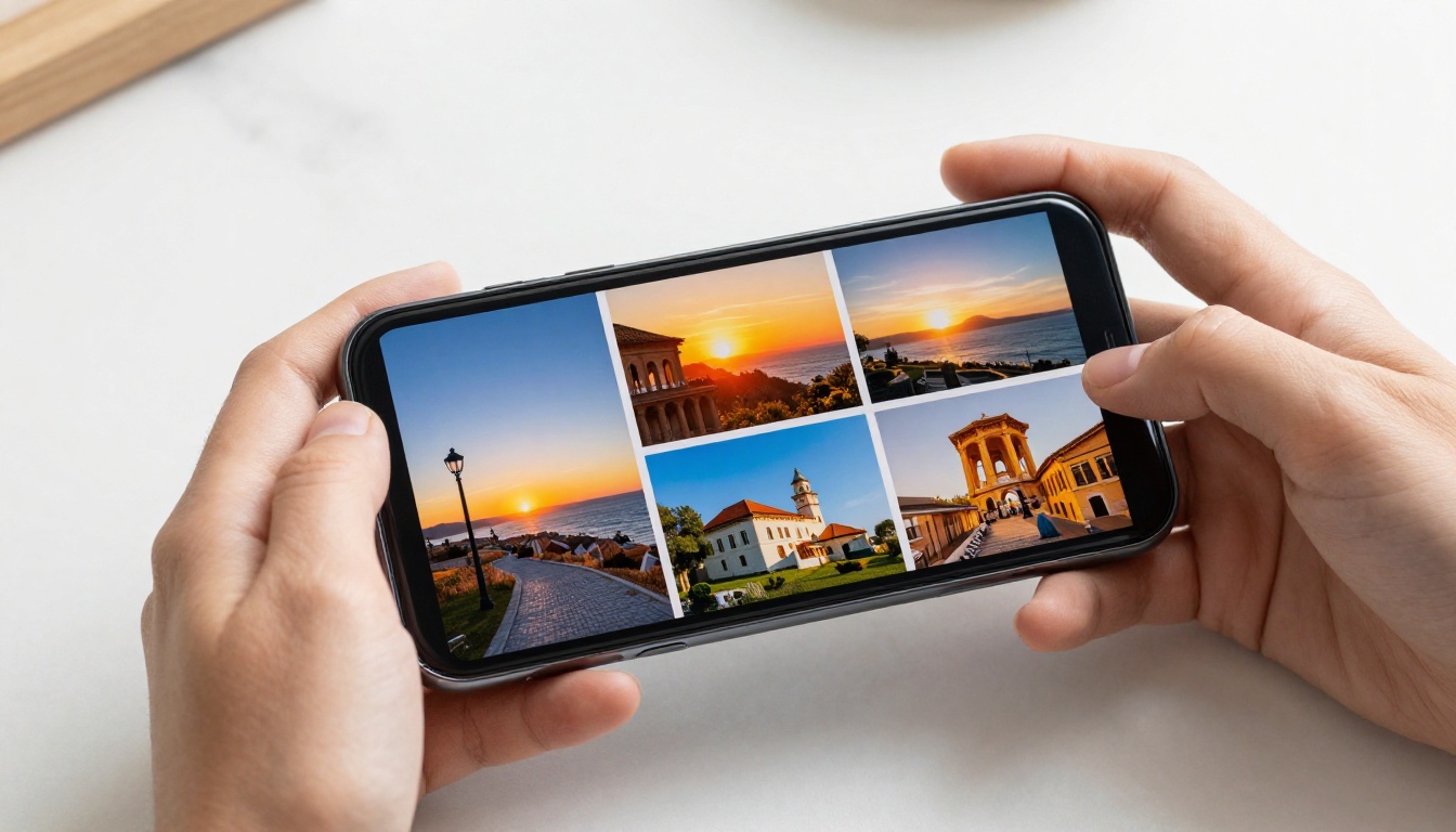 Close-up of hands holding a smartphone horizontally showing a vibrant digital portfolio flipbook with a page-turn animation displaying travel photography