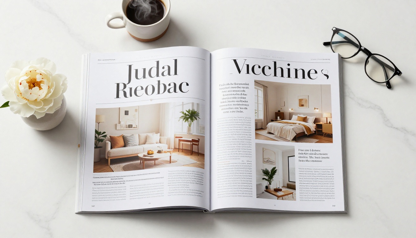 Open magazine spread on marble surface surrounded by coffee and flowers