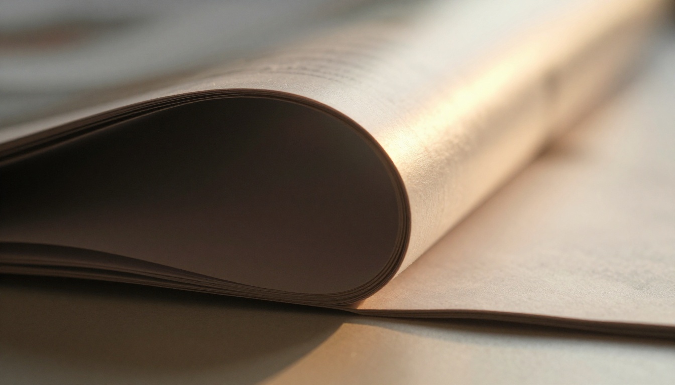 Close-up macro of a magazine page mid-curl showing paper grain and backlit glow