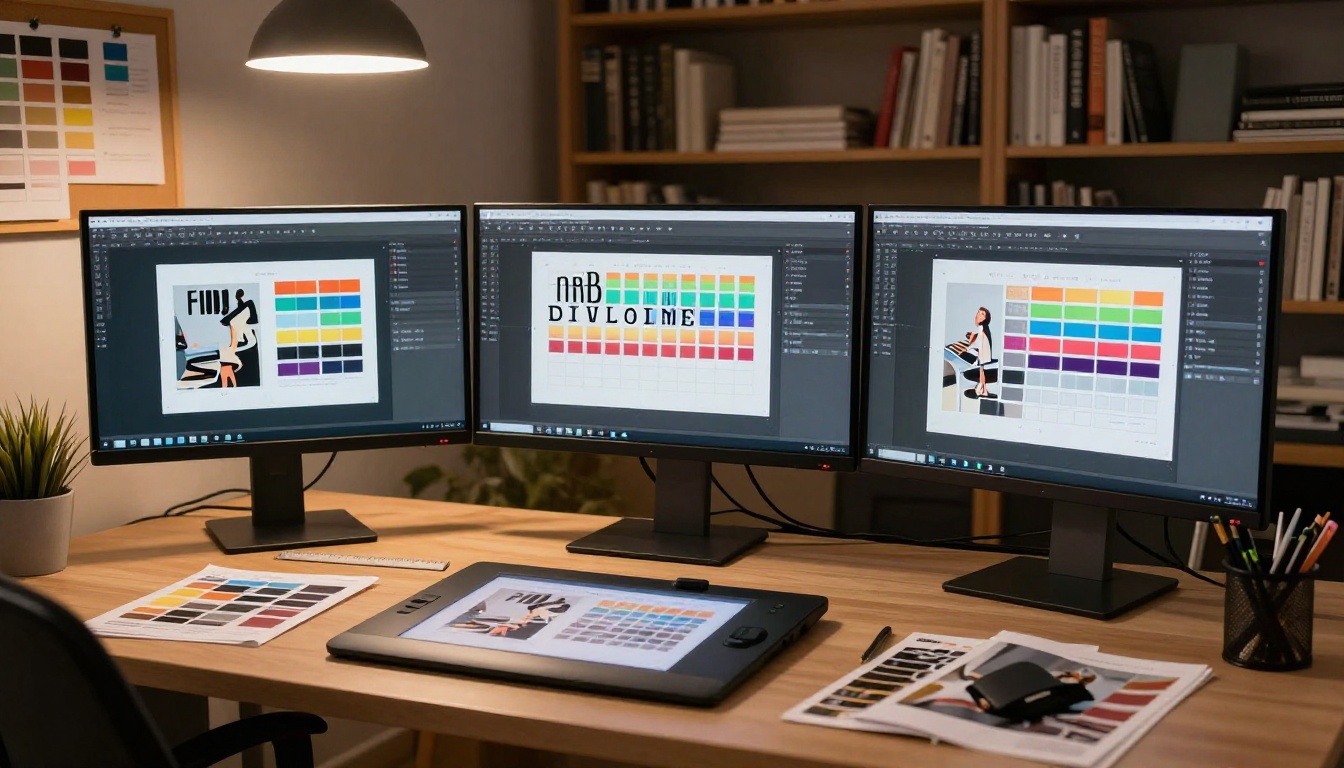 Graphic designer working at desk with magazine layouts on multiple monitors