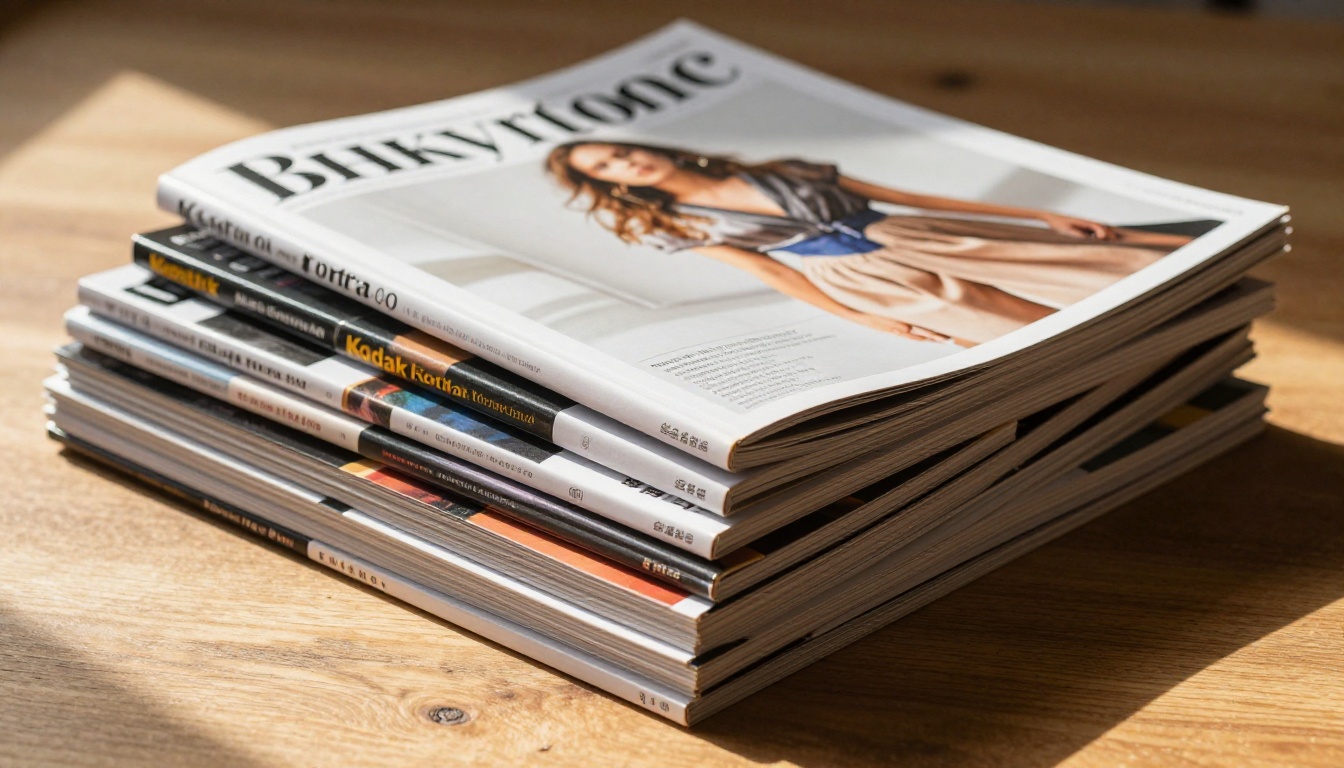 Stack of glossy magazines viewed from a low three-quarter angle