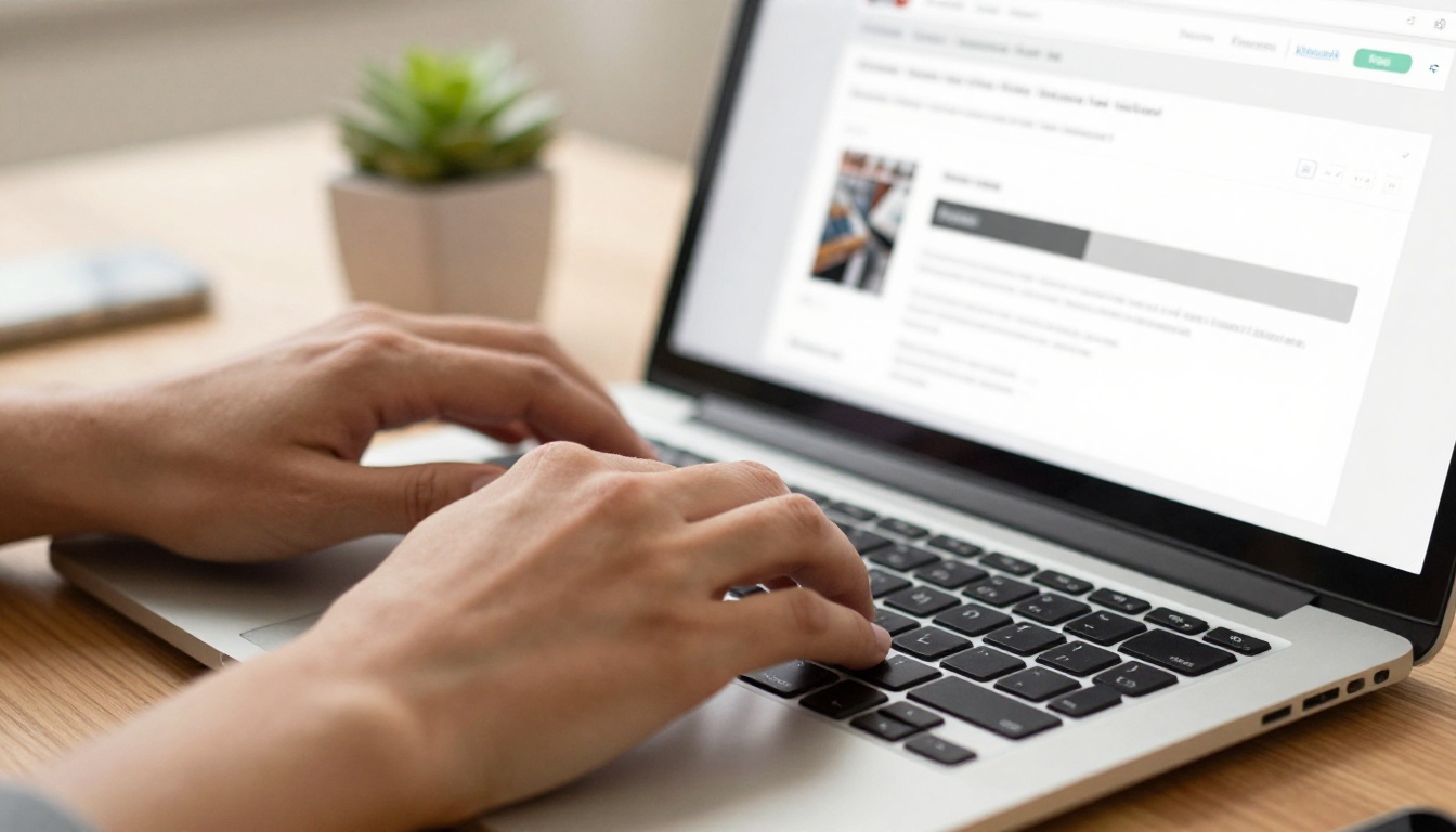Hands uploading a PDF document to a laptop showing a progress bar