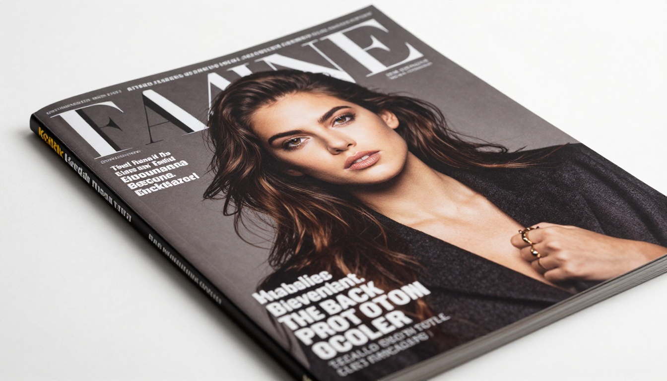 Dramatic low-angle close-up of a glossy magazine cover showing bold typography