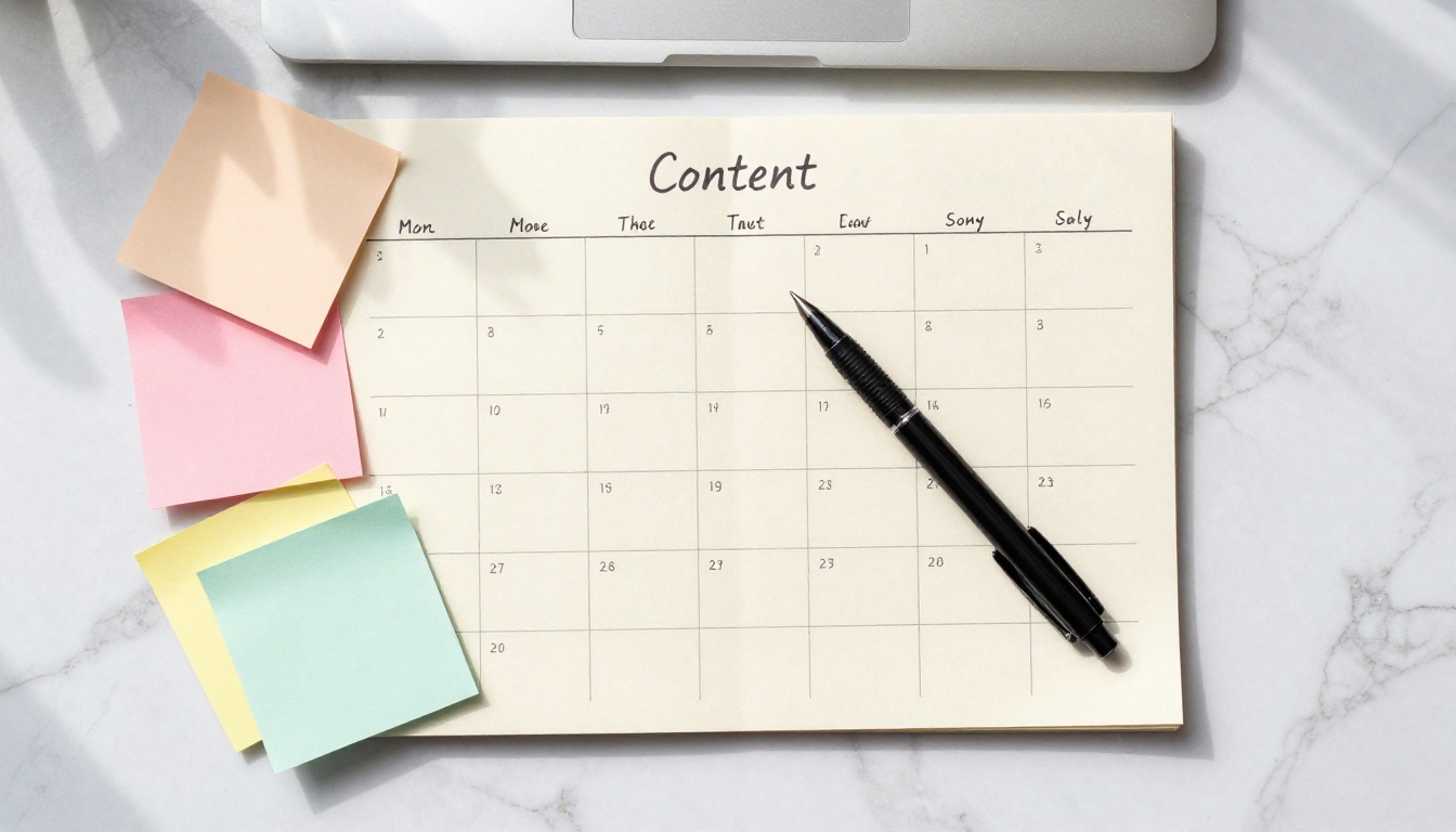 Monthly content calendar with handwritten notes and planning materials on marble desk