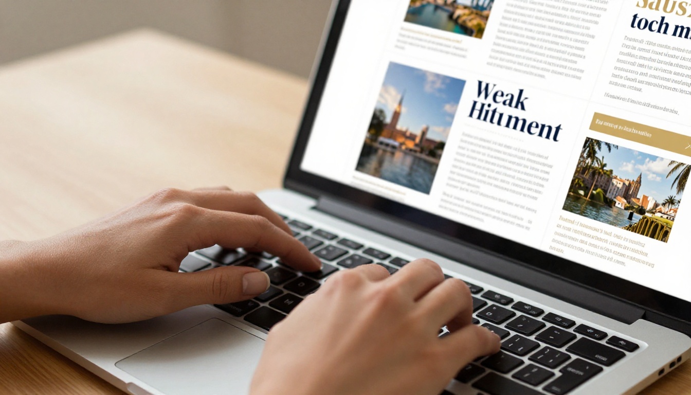 Hands on laptop displaying a professional digital magazine layout spread