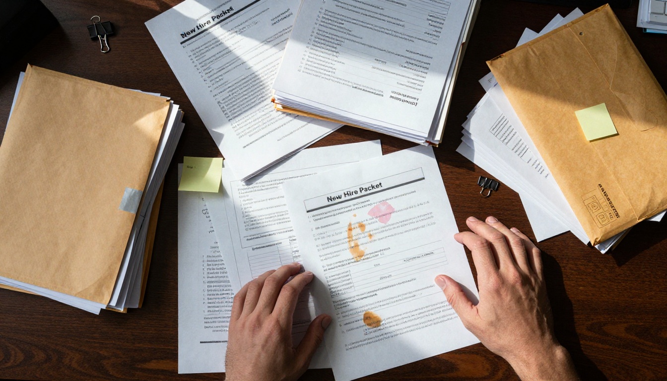 Cluttered corporate desk overwhelmed with printed onboarding documents and manila folders