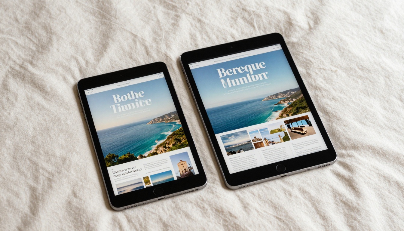 Digital magazine displayed on iPad and iPhone on natural linen surface