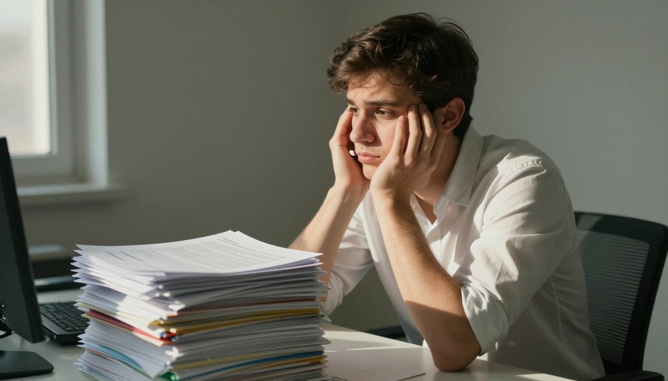 Young professional overwhelmed at desk staring at a tower of printed onboarding handbooks
