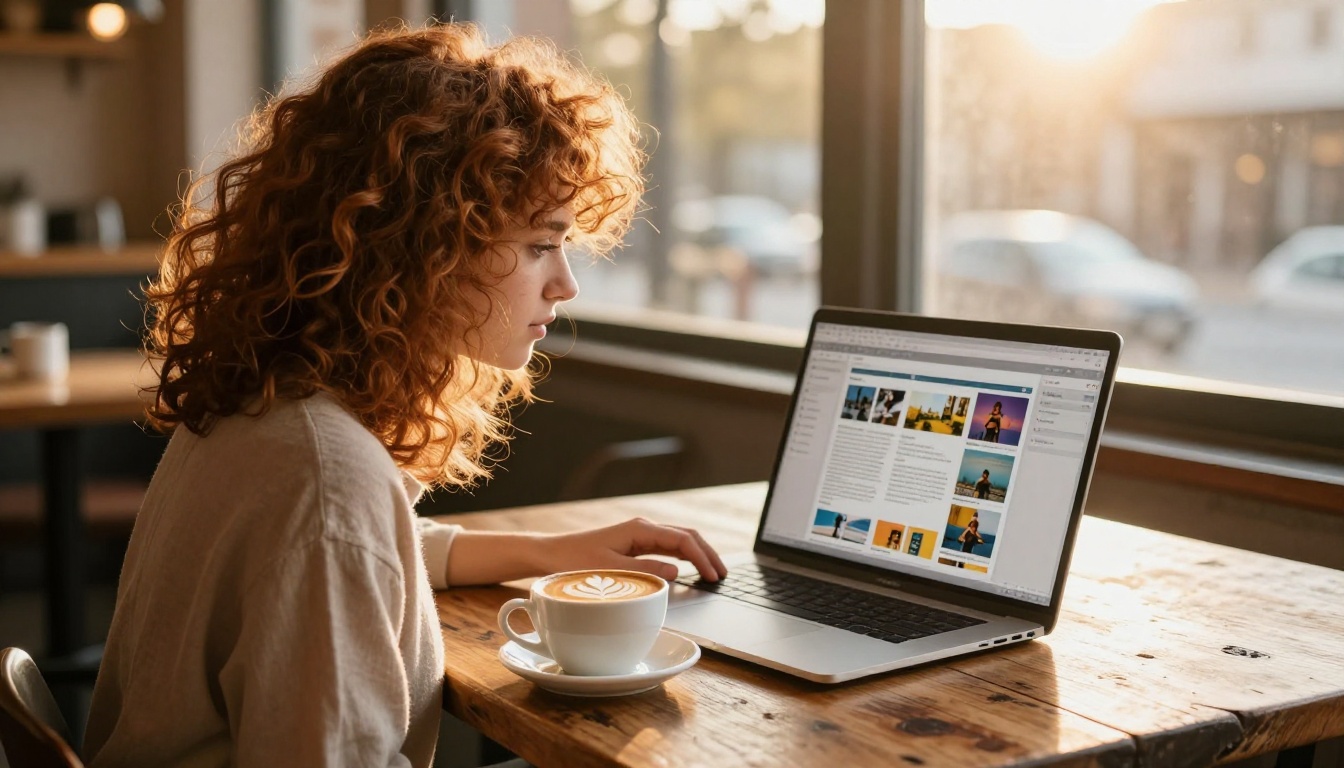 Blogger working on magazine layout at a warm café with natural light