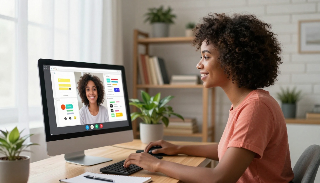 Remote new employee smiling at monitor with interactive flipbook open in split-screen view