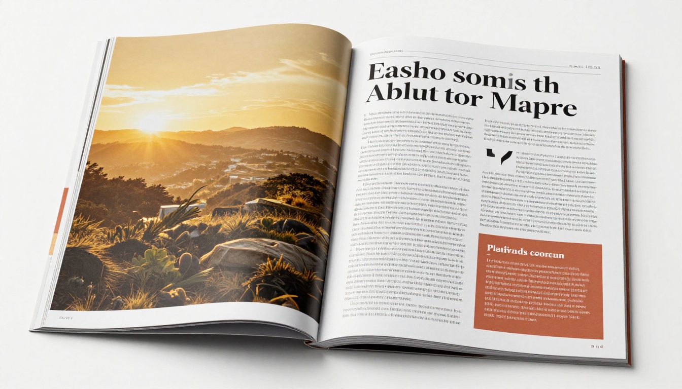 Close-up of open glossy magazine spread with editorial photography and clean typography