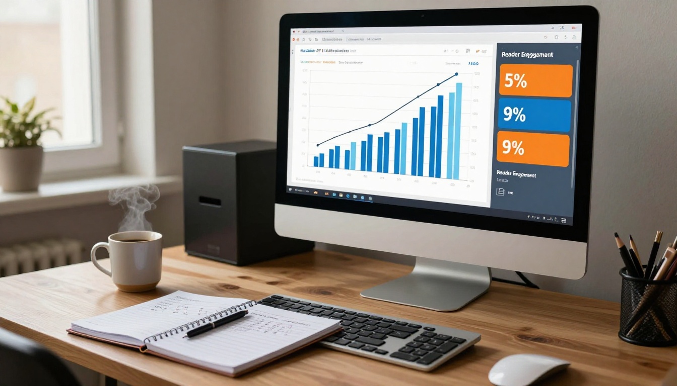 Analytics dashboard on desktop monitor showing publication metrics and subscriber data