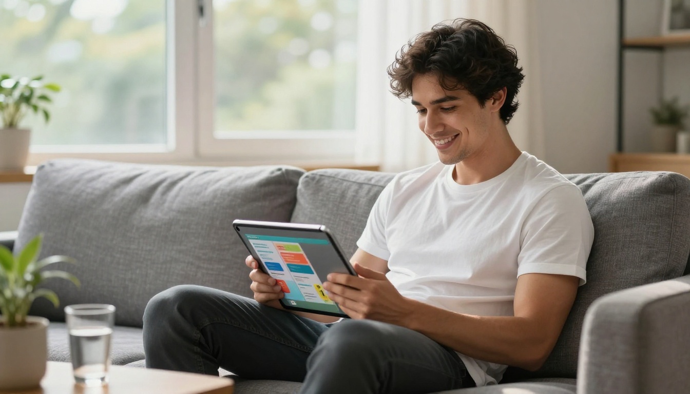 Young man comfortably reading digital onboarding flipbook on iPad at home on grey linen sofa