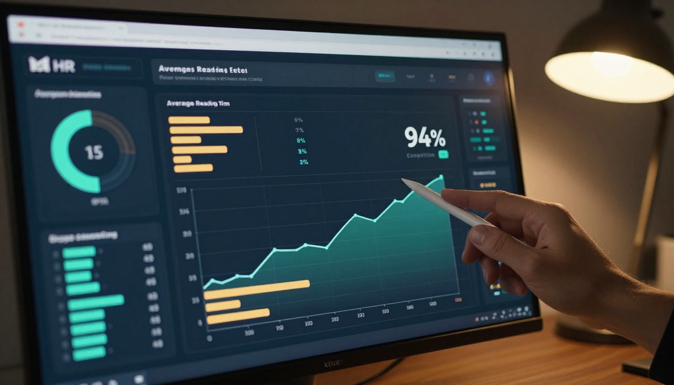 Dark-mode analytics dashboard on ultrawide monitor showing employee engagement metrics and completion rates