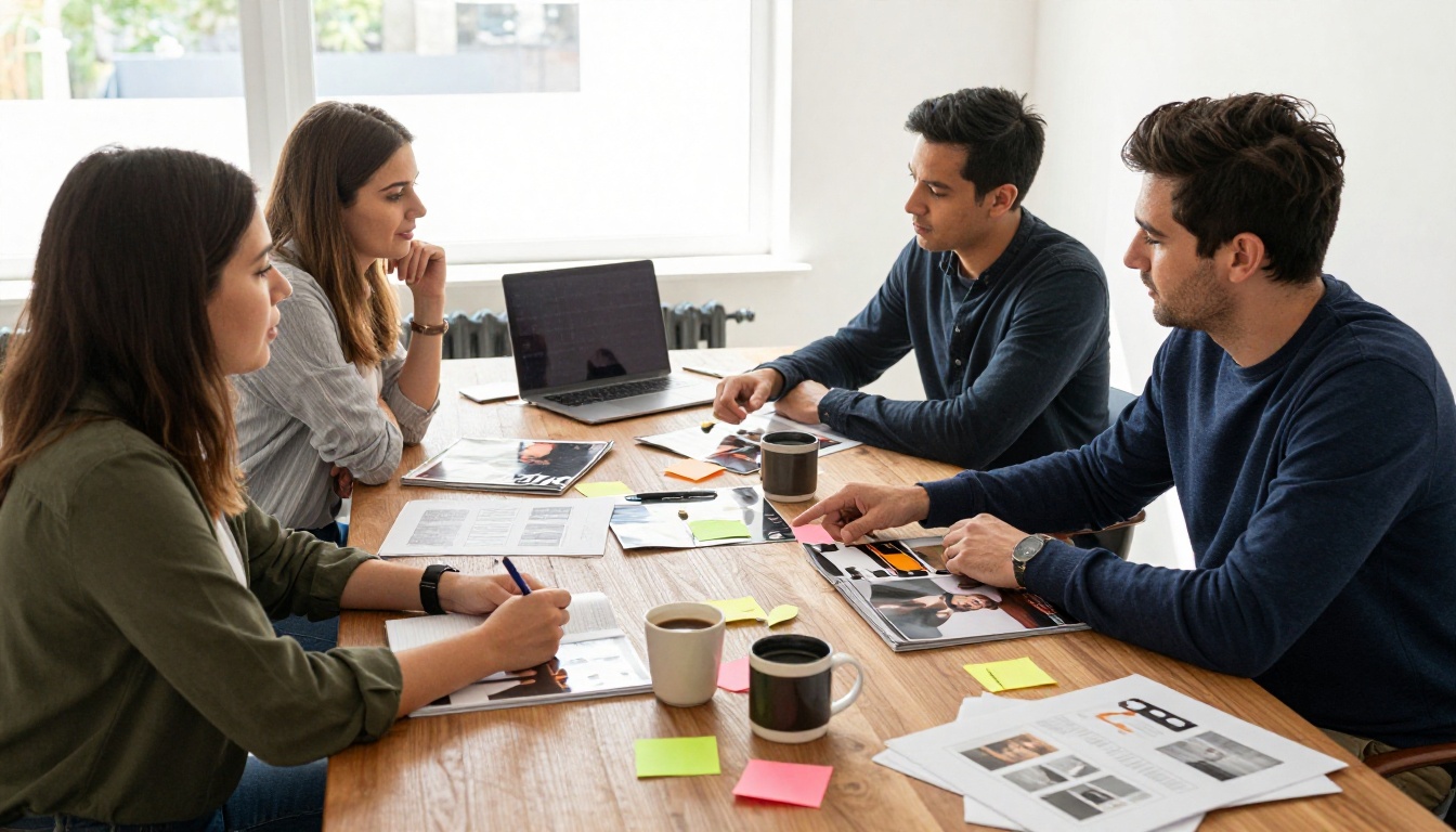 Creative team reviewing magazine mockups at a walnut conference table