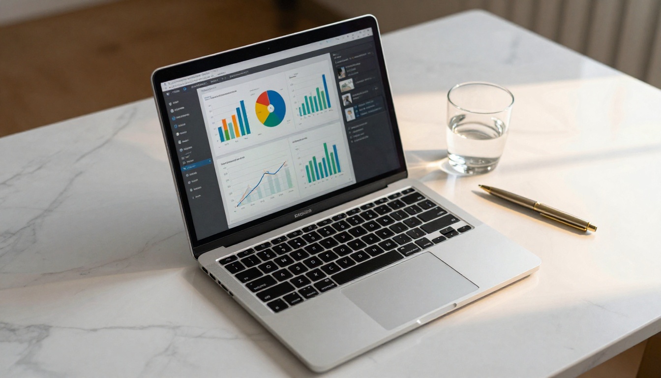 Analytics dashboard on laptop with colorful charts and graphs on marble desk Analytics dashboard on laptop with colorful charts and graphs on marble desk